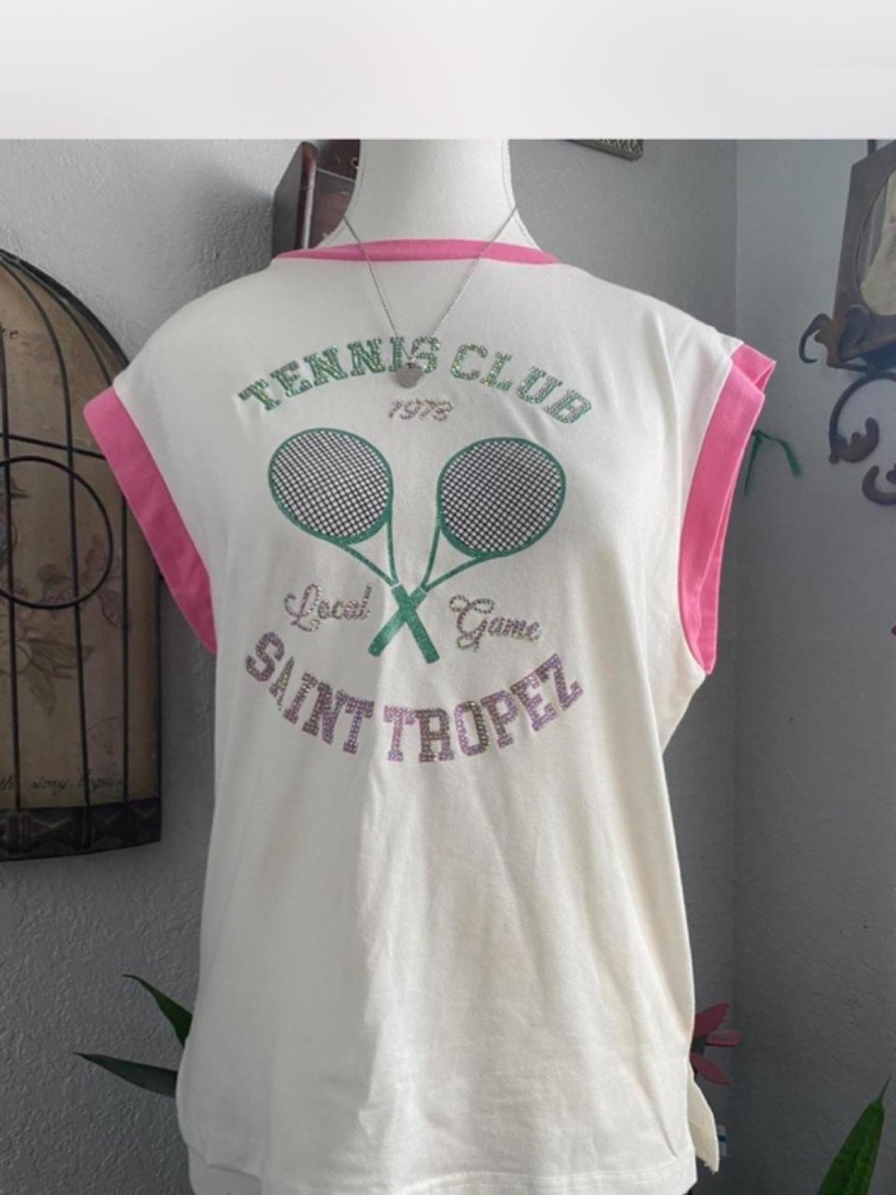 Saint Tropez Tennis Club Graphic Tee - White with Pink & Green Accents